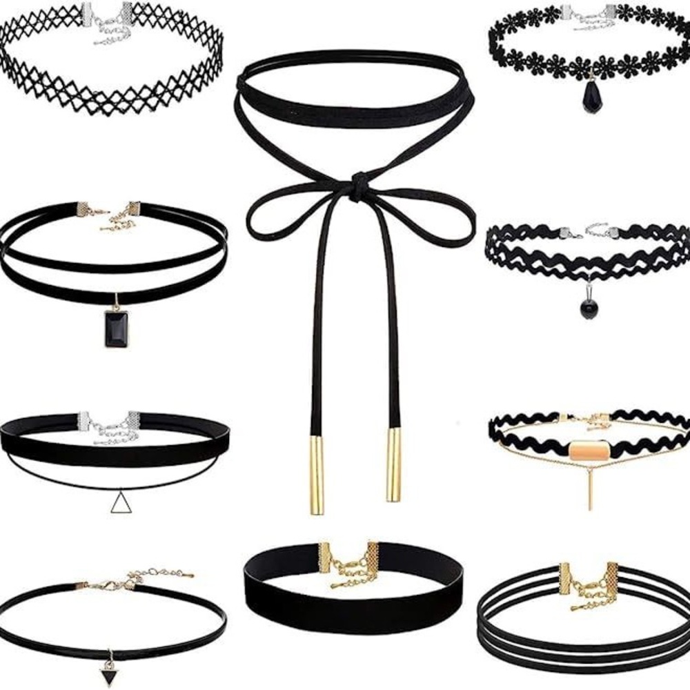 10 Chokers Necklace Set Black Velvet 90s Pendant Triangle Witch Fall Summer Cute